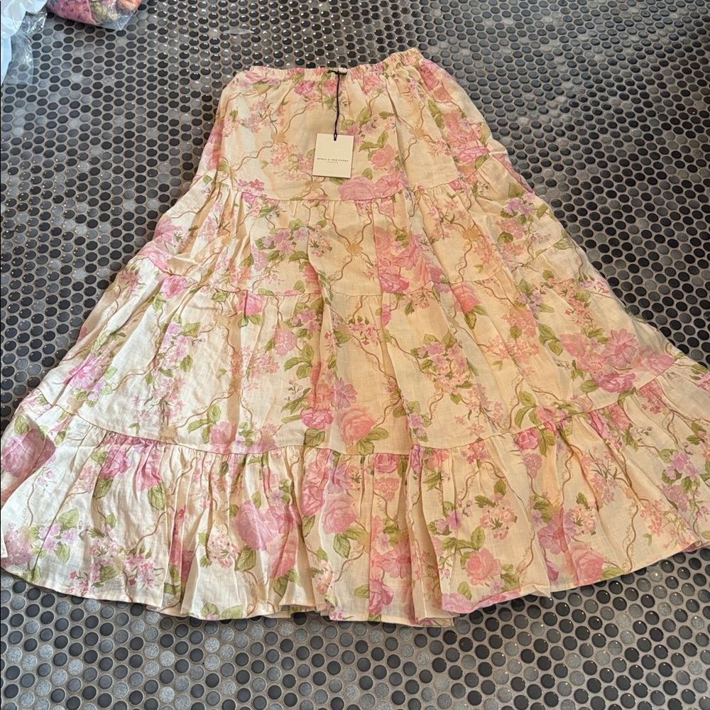 Spell Floral Tiered Skirt in Pink and White